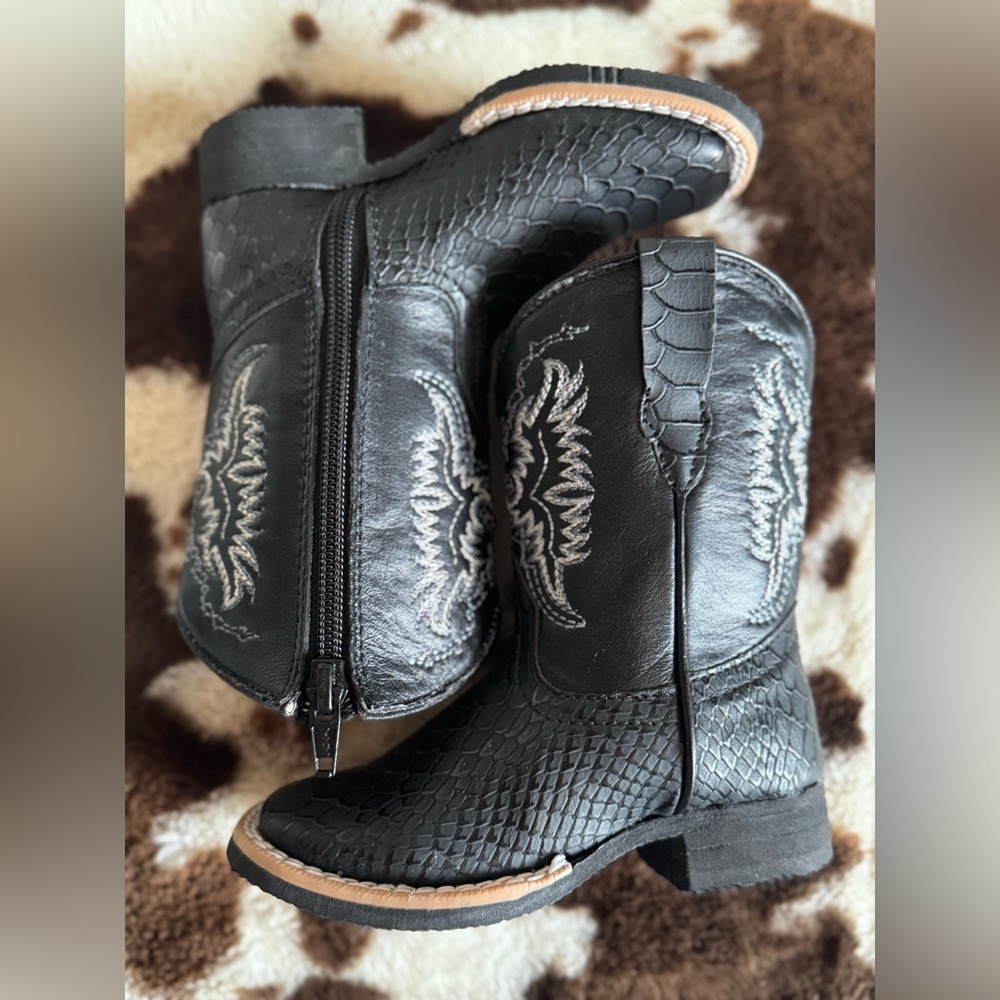 Infant Black Python Print Western Cowboy Boots with Embroidered Design